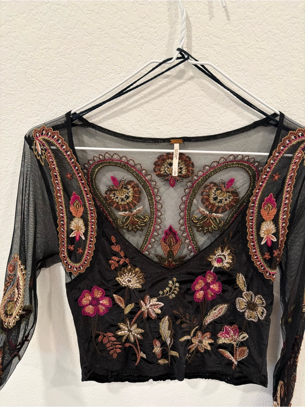 Free People Black Sheer Embroidered Floral Crop Top with Pink & Gold Accents - Picture 1 of 4